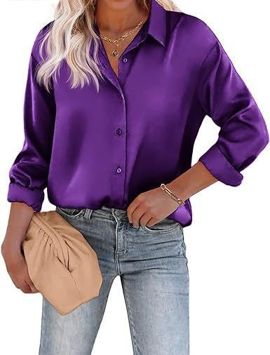 Women’s Satin Top Long Sleeve Button Shirt Autumn - Purple / S