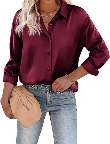 Women’s Satin Top Long Sleeve Button Shirt Autumn - Wine Red / S