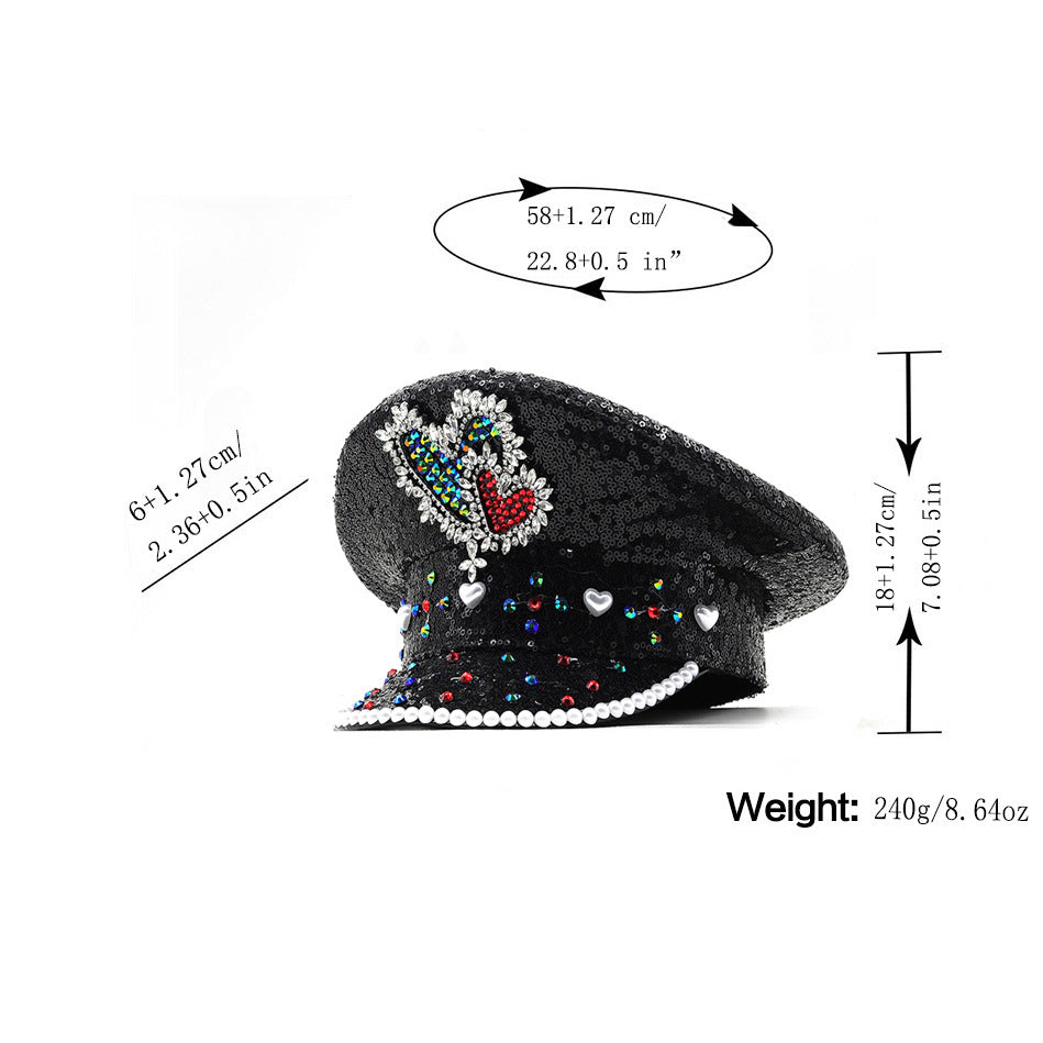 Sequin Love Gift Wide Brim Hat Performance And Show Stage Diamond Visor Cap - Full Diamond Black Hat / Adjustable