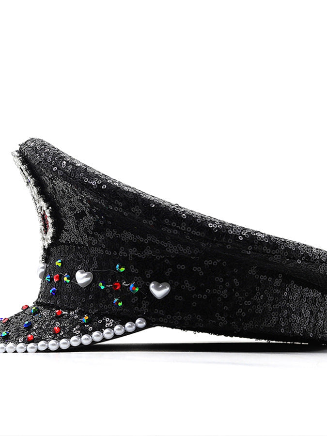Sequin Love Gift Wide Brim Hat Performance And Show Stage Diamond Visor Cap - Full Diamond Black Hat / Adjustable