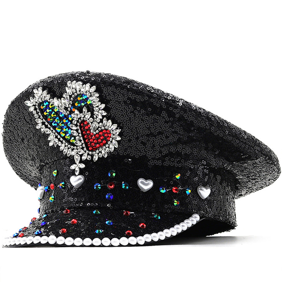 Sequin Love Gift Wide Brim Hat Performance And Show Stage Diamond Visor Cap - Full Diamond Black Hat / Adjustable