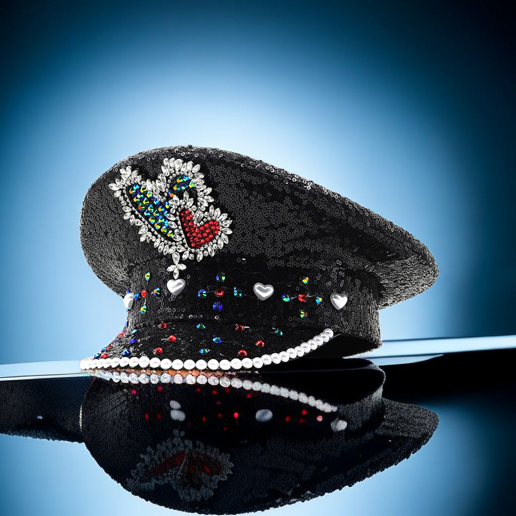 Sequin Love Gift Wide Brim Hat Performance And Show Stage Diamond Visor Cap - Full Diamond Black Hat / Adjustable
