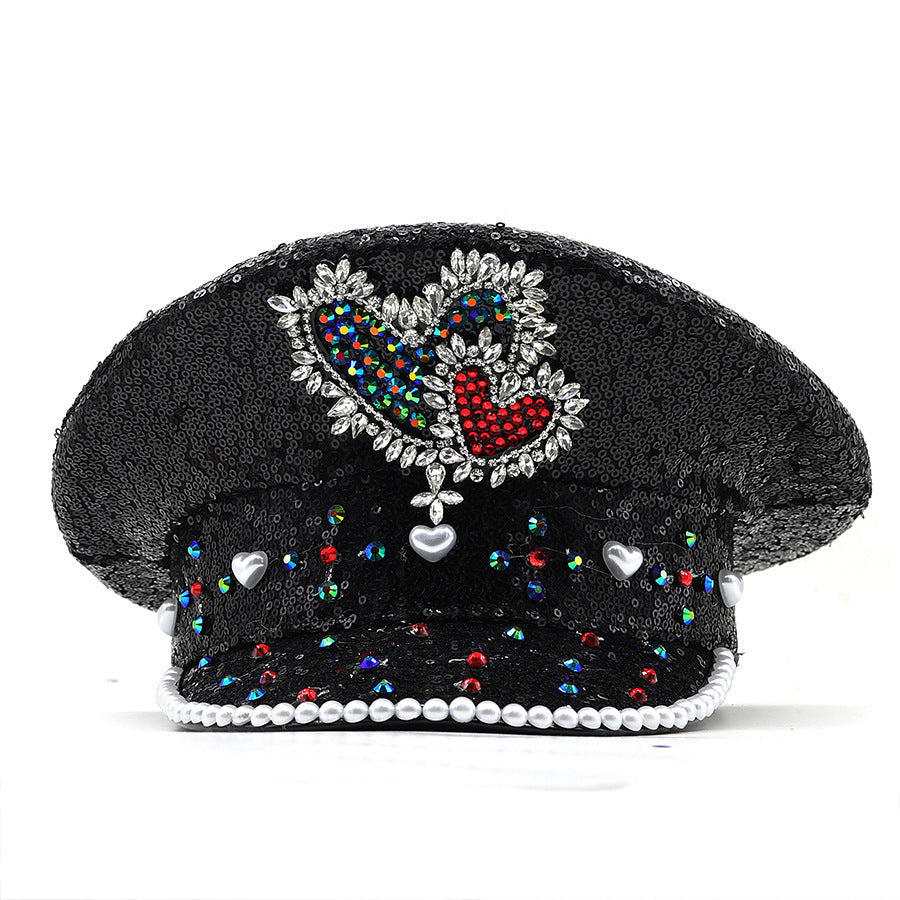 Sequin Love Gift Wide Brim Hat Performance And Show Stage Diamond Visor Cap - Full Diamond Black Hat / Adjustable