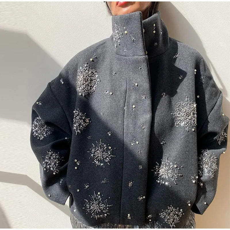 Autumn And Winter Women’s Jacket Personality Street Loose - Stand Collar Sequins / S