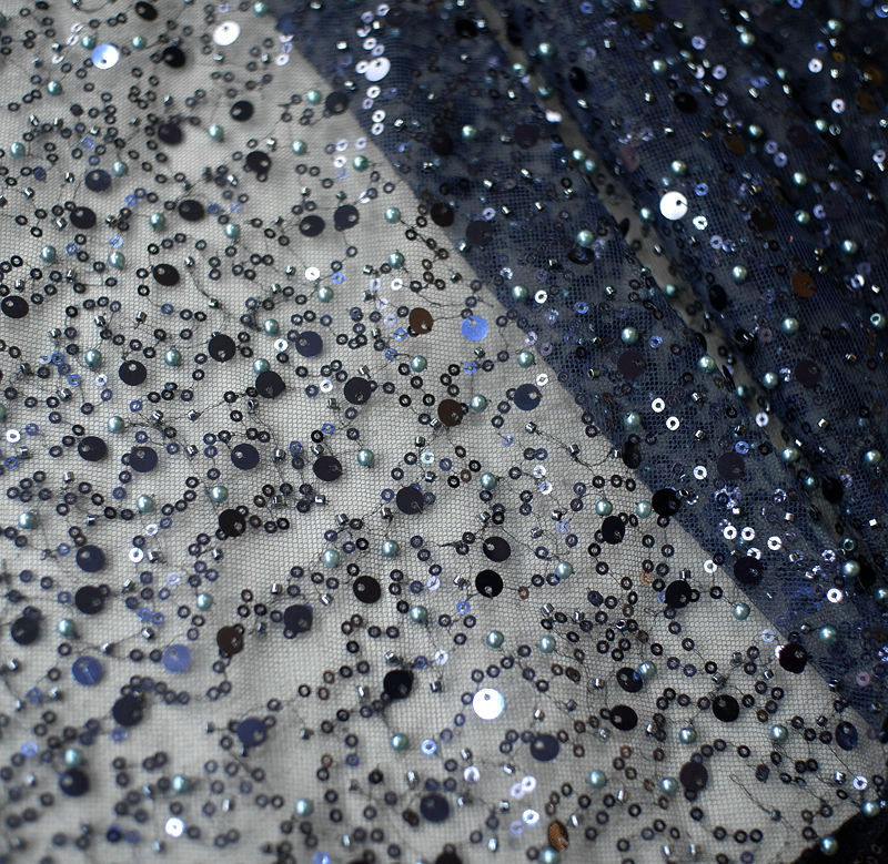Sequined Pearl Embroidery Lace Asymmetric Single Sleeve Dress - Dark Blue / Free Size