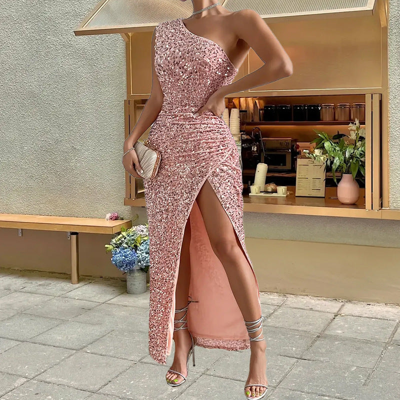 Sexy Sequined Shoulder Sleeping Beauty Split Solid Color Dress - Pink / S