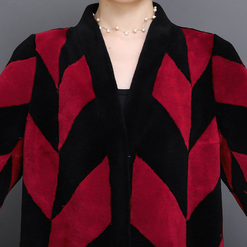 Sheep Sheared Women’s Long Over-the-knee Fur Patchwork Coat