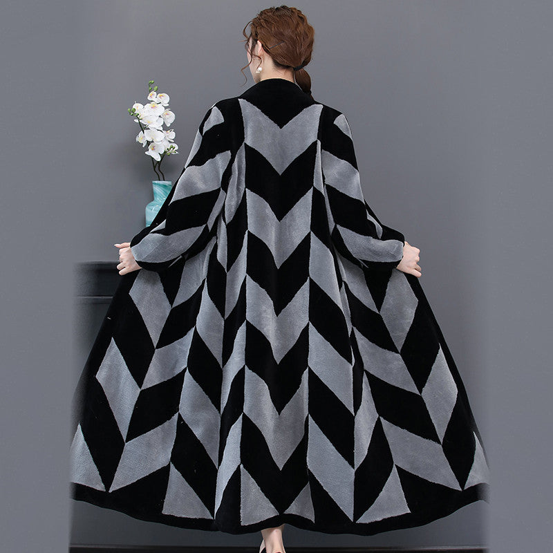 Sheep Sheared Women’s Long Over-the-knee Fur Patchwork Coat