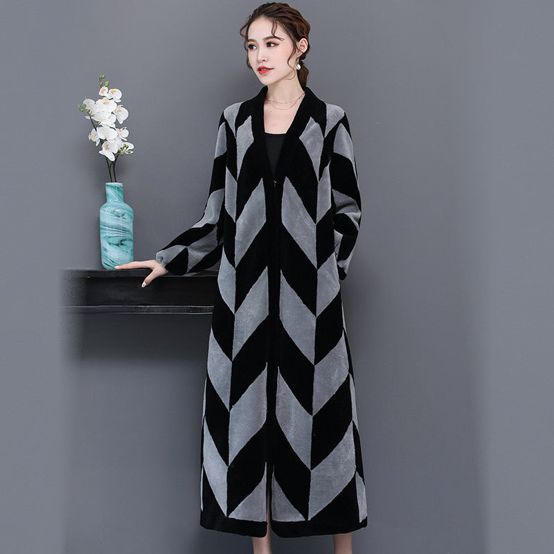 Sheep Sheared Women’s Long Over-the-knee Fur Patchwork Coat