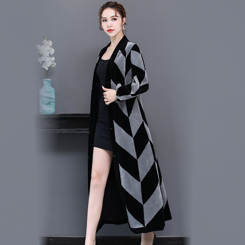 Sheep Sheared Women’s Long Over-the-knee Fur Patchwork Coat - Grey black / S