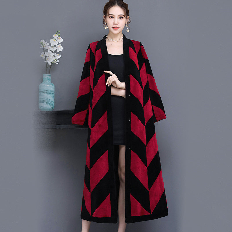 Sheep Sheared Women’s Long Over-the-knee Fur Patchwork Coat - Red black / S