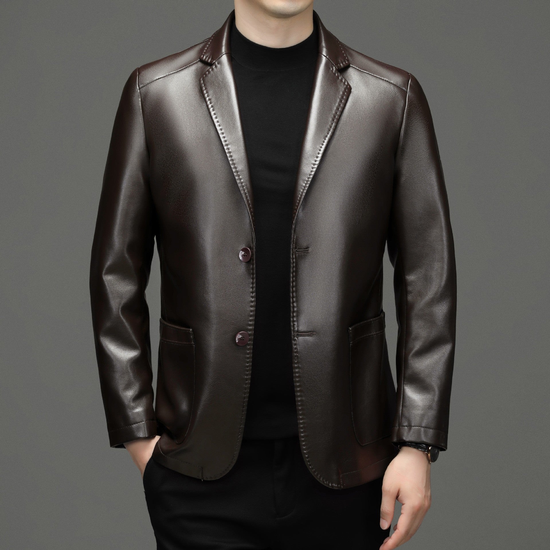 Sheepskin Suit Collar Men’s Autumn And Winter Leather Jacket - Brown Single Leather / 170