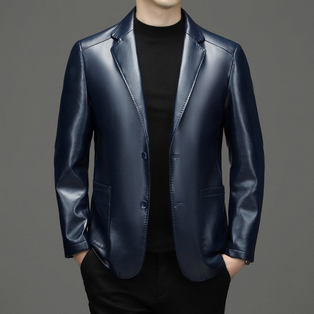Sheepskin Suit Collar Men’s Autumn And Winter Leather Jacket - Light Blue Single Leather / 170