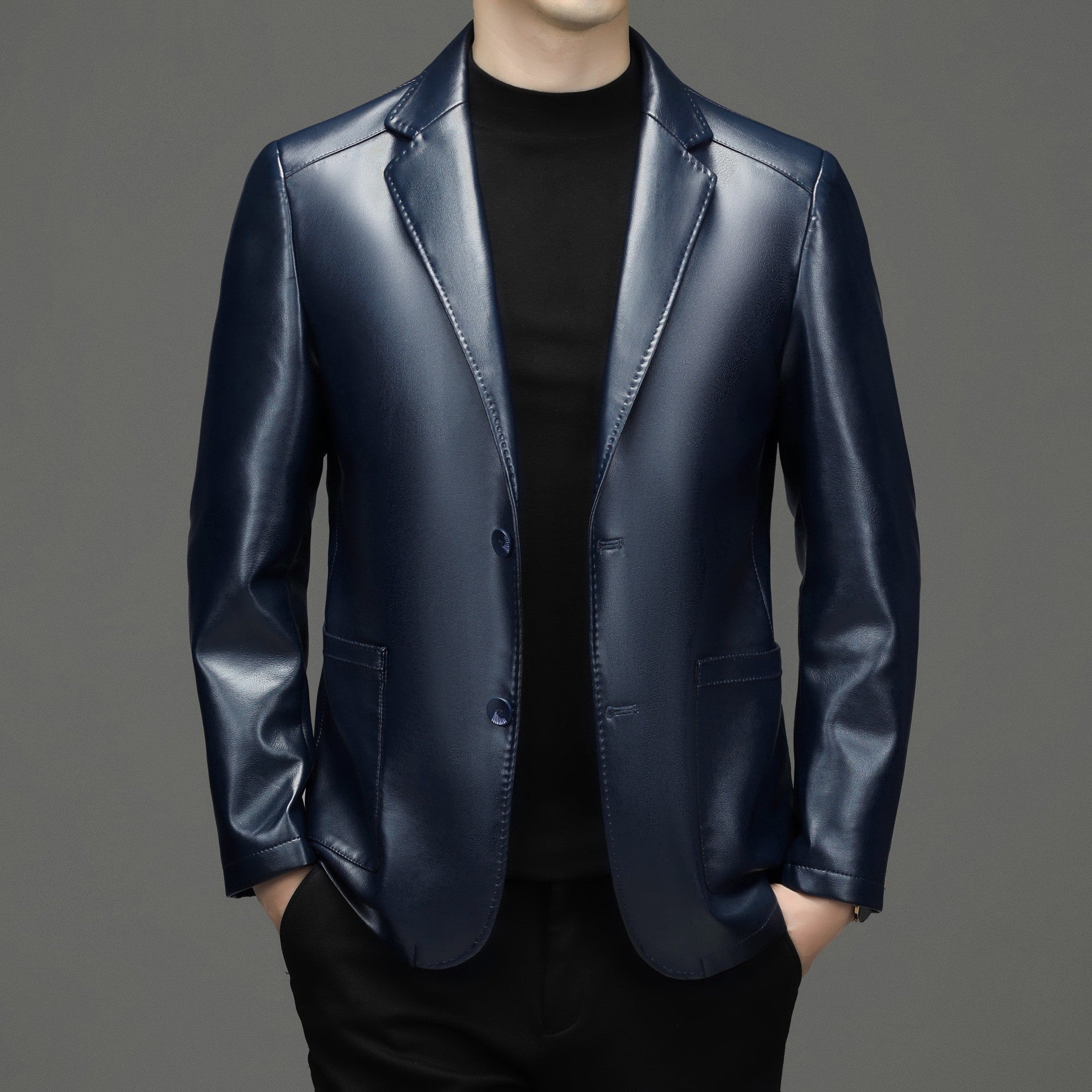Sheepskin Suit Collar Men’s Autumn And Winter Leather Jacket - Light Blue Single Leather / 170