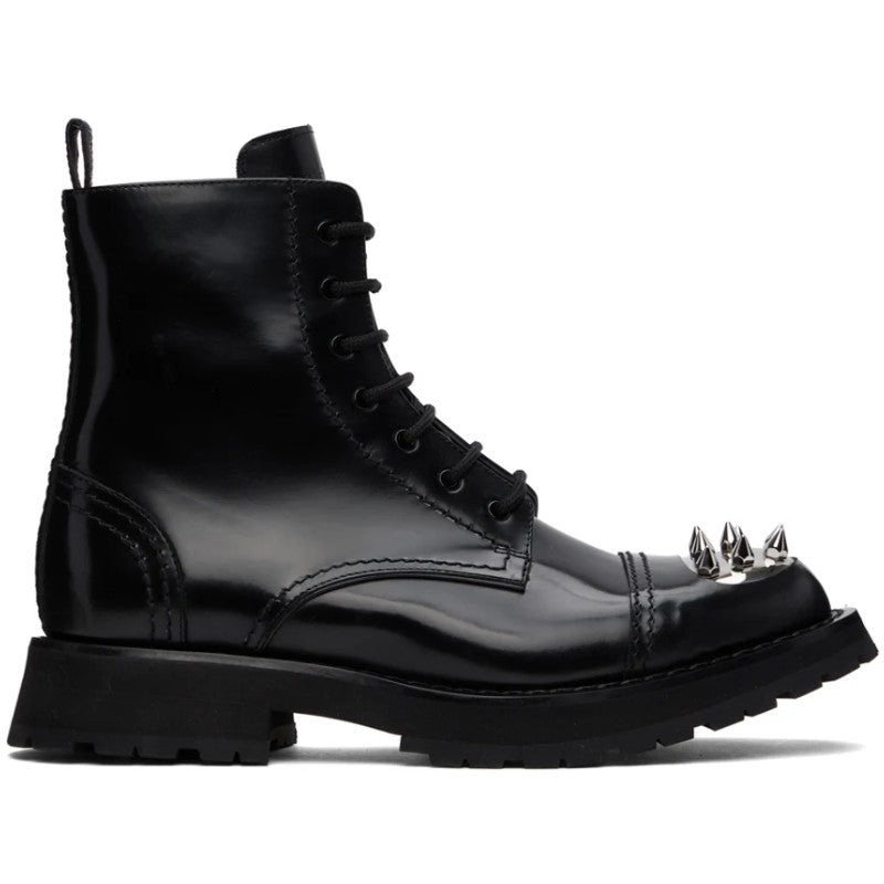 Black leather combat boot with silver spikes for high-end fashion online and luxury clothing for men and women