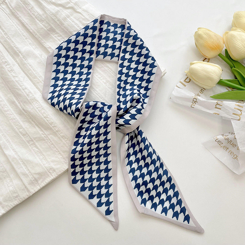 Silk Scarf Women’s Long Ribbon Fresh Decoration Hair Rope - Blue Houndstooth