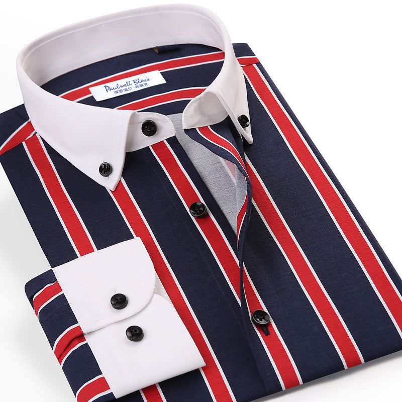Long-sleeved Cotton Casual Collar Shirtouse Shirts - Red and black stripes / 38