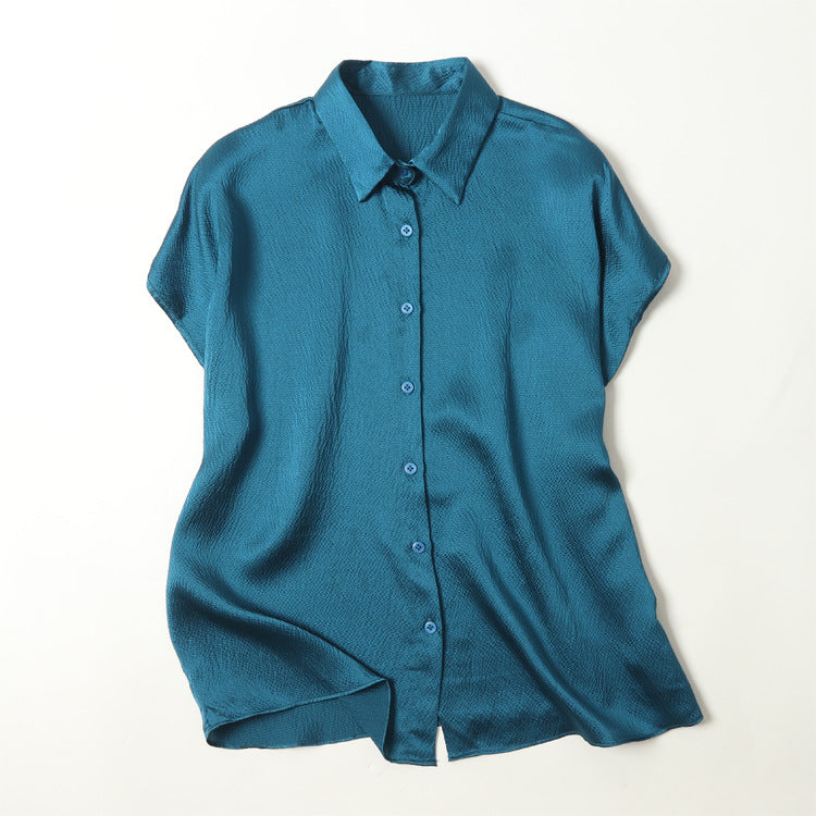 Pearl Satin Shirt Reverse Collar Single-breasted - Blue C703 / Free Size