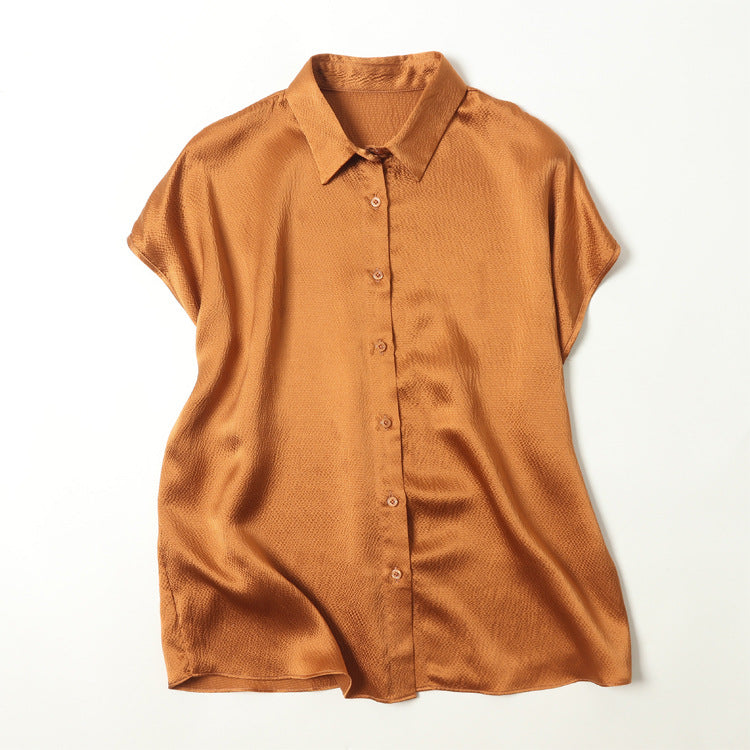 Pearl Satin Shirt Reverse Collar Single-breasted - Caramel Gold C703 / Free Size