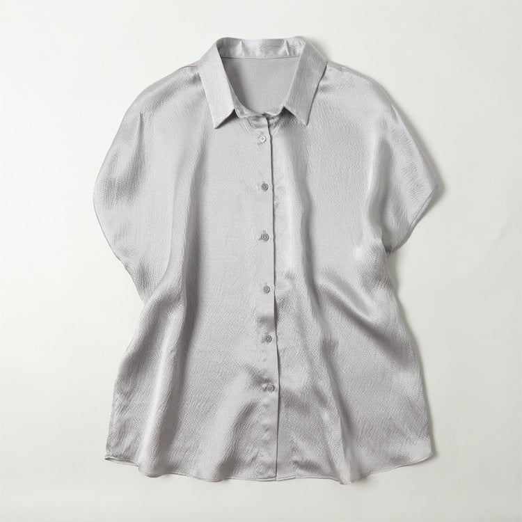 Pearl Satin Shirt Reverse Collar Single-breasted - Silver Gray C703 / Free Size