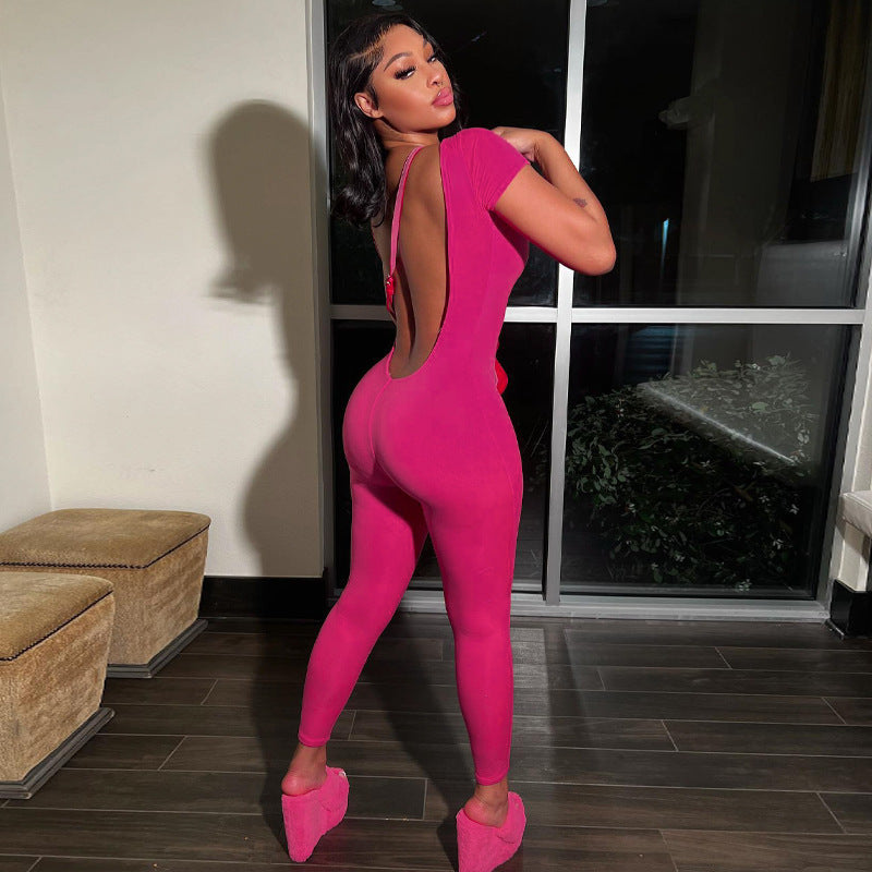 Women’s Casual Round Neck Solid Color Short Sleeve Backless Skinny Hip Raise Personality One-piece Trousers