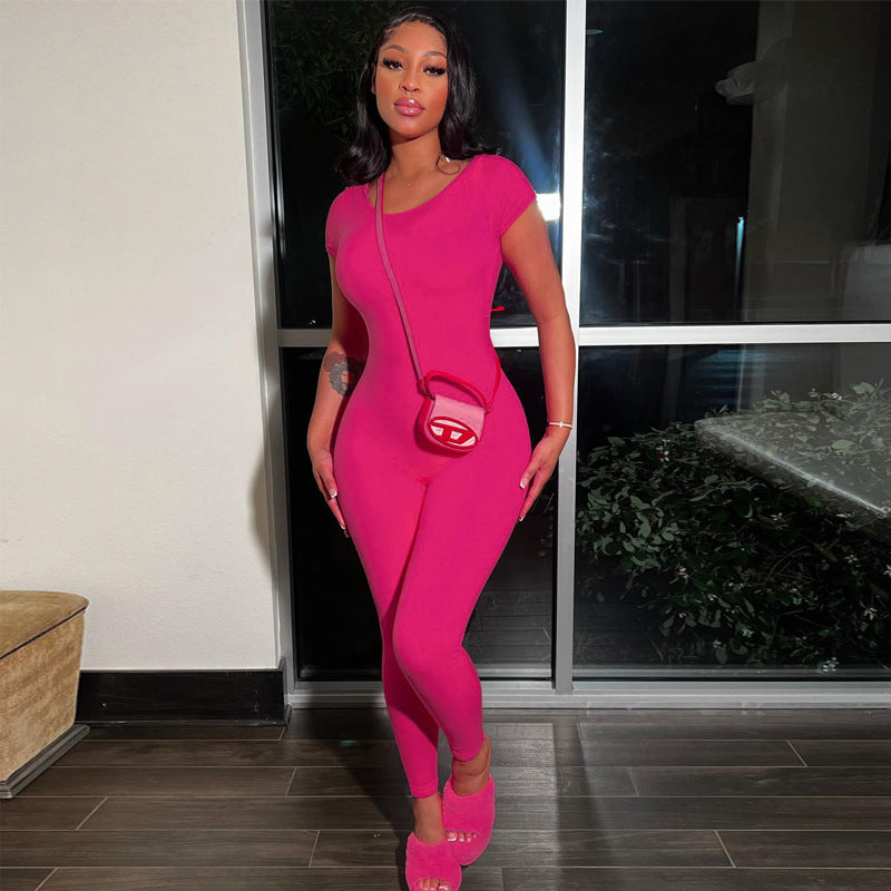 Women’s Casual Round Neck Solid Color Short Sleeve Backless Skinny Hip Raise Personality One-piece Trousers