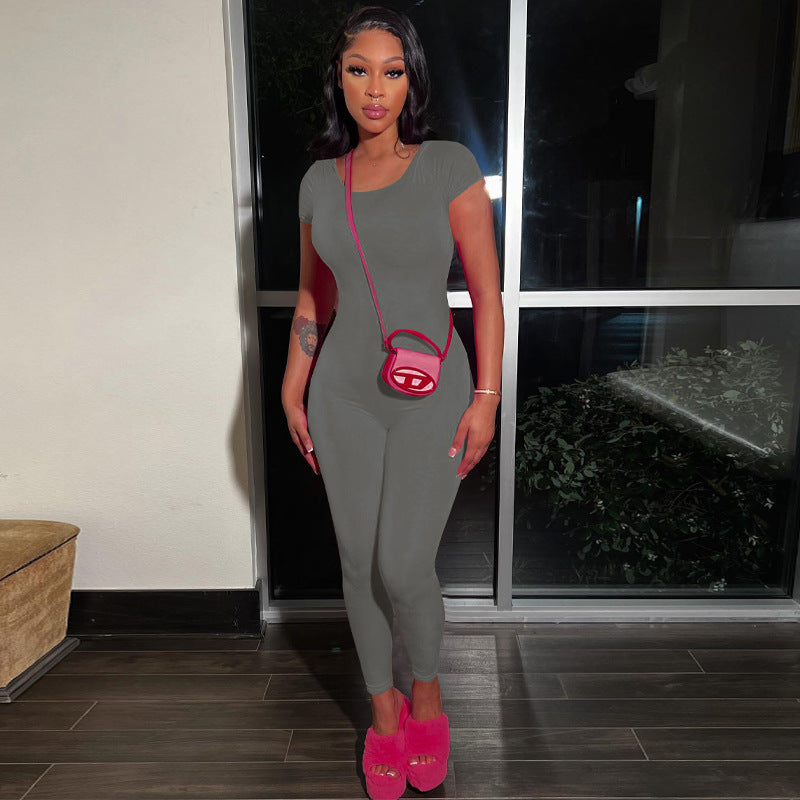 Women’s Casual Round Neck Solid Color Short Sleeve Backless Skinny Hip Raise Personality One-piece Trousers - Gray / S