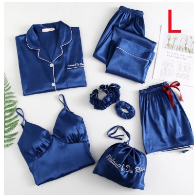 Silky Dreams Ice Silk Seven-Piece Pajama Set - Blue L