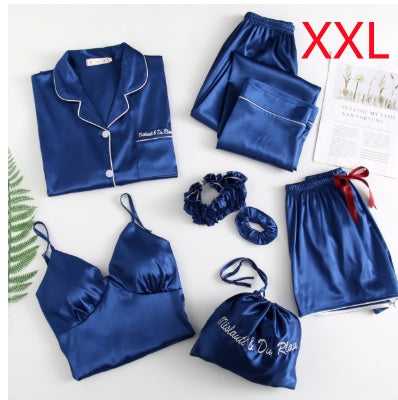 Silky Dreams Ice Silk Seven-Piece Pajama Set - Blue XXL