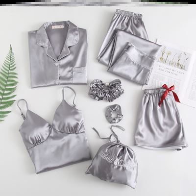 Silky Dreams Ice Silk Seven-Piece Pajama Set - Grey