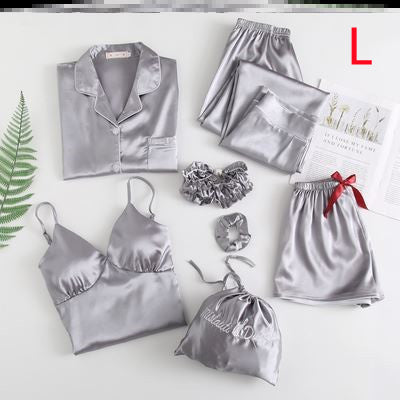 Silky Dreams Ice Silk Seven-Piece Pajama Set - Grey L