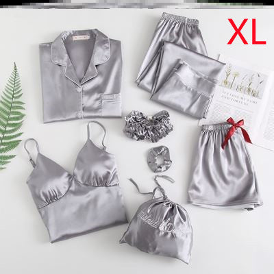 Silky Dreams Ice Silk Seven-Piece Pajama Set - Grey XL