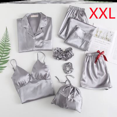 Silky Dreams Ice Silk Seven-Piece Pajama Set - Grey XXL