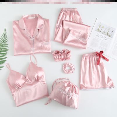 Silky Dreams Ice Silk Seven-Piece Pajama Set - Pink