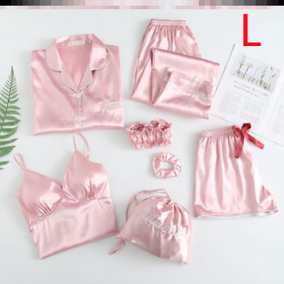 Silky Dreams Ice Silk Seven-Piece Pajama Set - Pink L