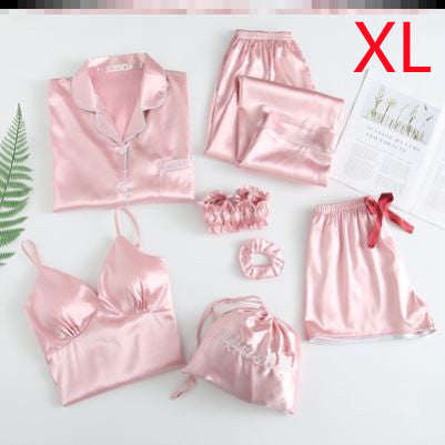 Silky Dreams Ice Silk Seven-Piece Pajama Set - Pink XL