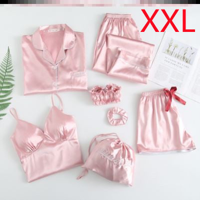 Silky Dreams Ice Silk Seven-Piece Pajama Set - Pink XXL