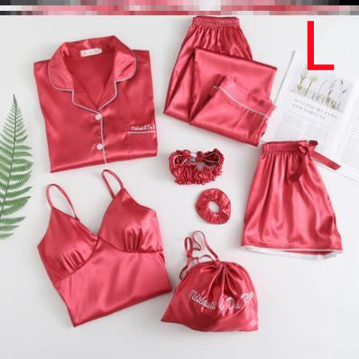 Silky Dreams Ice Silk Seven-Piece Pajama Set - Red L