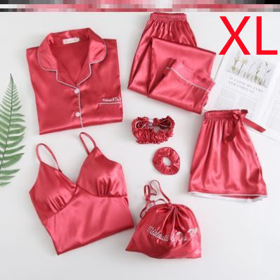 Silky Dreams Ice Silk Seven-Piece Pajama Set - Red XL