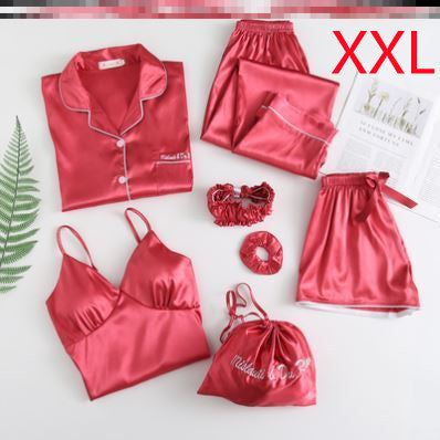 Silky Dreams Ice Silk Seven-Piece Pajama Set - Red XXL