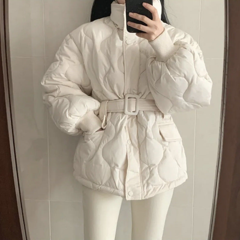 Women’s Stand-up Collar Tie Long Sleeve Cotton Coat - Beige / S