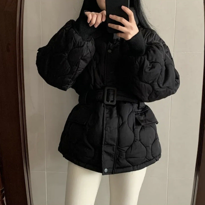 Women’s Stand-up Collar Tie Long Sleeve Cotton Coat - Black / S