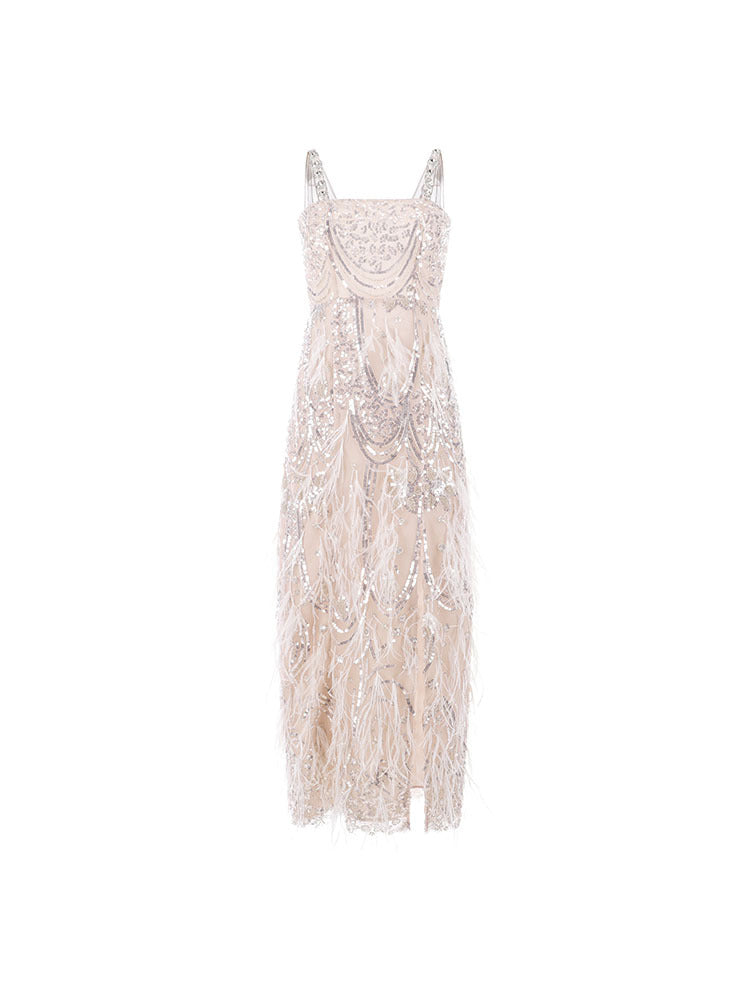 Feathered Diamond Heavy Embroidery Halter Dress Long - Silver / XS