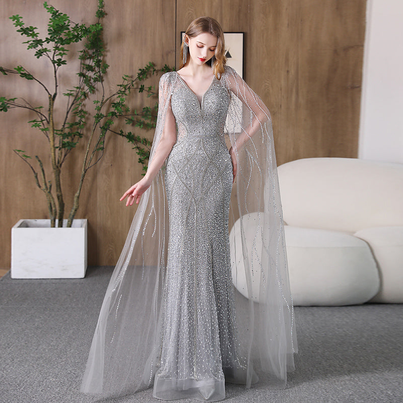 Evening Dress Banquet Slimming Fishtail Host Evening Dress - Silver / L