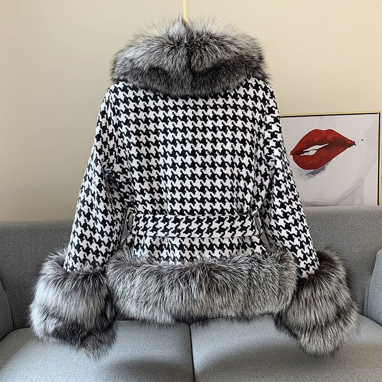 Fur Coat Women’s Short Houndstooth Fur Collar Silver Fox Fur Jacket