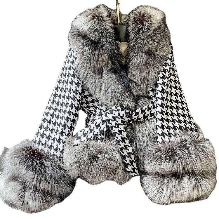 Fur Coat Women’s Short Houndstooth Fur Collar Silver Fox Fur Jacket
