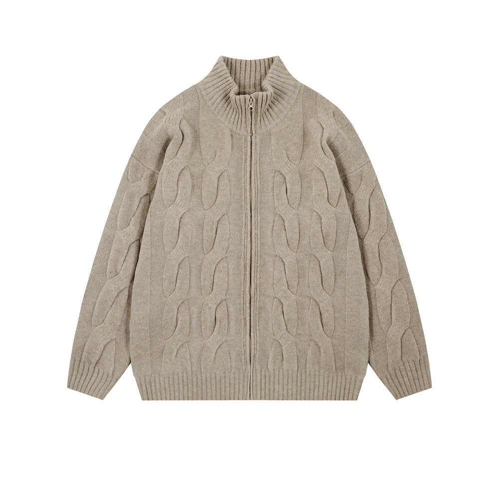 Simple Solid Color Twisted Collar Cardigan Sweater - Khaki / S