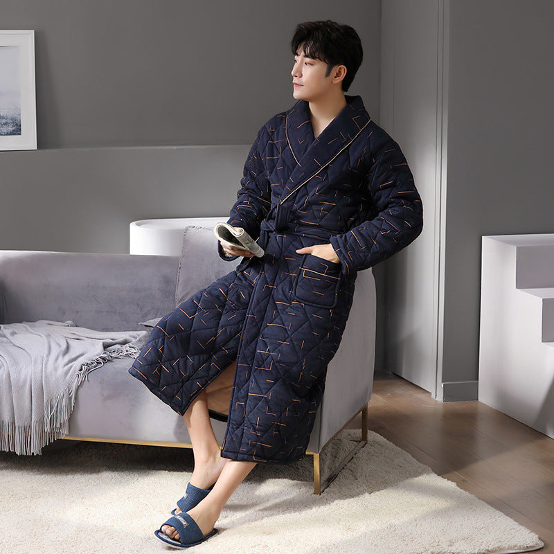 Simple Thick Cotton Long-sleeved Men’s Pajamas - C / L