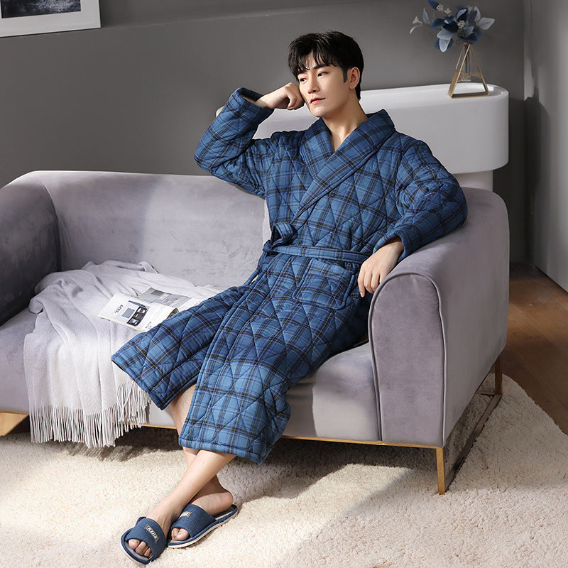 Simple Thick Cotton Long-sleeved Men’s Pajamas - D / L