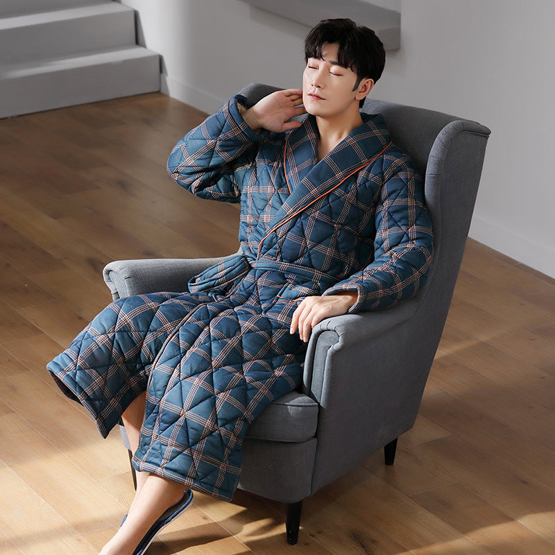 Simple Thick Cotton Long-sleeved Men’s Pajamas - E / L